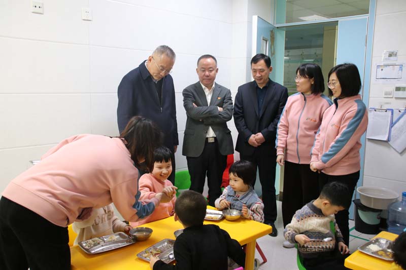 2023年4月6日，高新区管委会四级调研员尤伟生（左一）在高新区民政卫生工作办公室主任聂振兴（左三)陪同下莅临儿童早期发展部看望指导工作.jpg